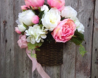 Wall Basket, Pink, White Peony, Hydrangea Basket, Spring Basket, Summer Basket, Front Door Decor, Wedding Decor, Mother's Day, Easter Basket