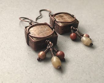 Rustic copper earrings with square sandstone feldspar in textured metal frame