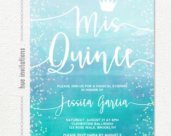 quinceañera invitation, blue teal ombre watercolor crown sweet 15th birthday mis quince invitation, printable digital file