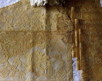 Antique Set of 8 Filet Lace Placemats, Antique Knotted Lace Placemats, Wedding Table Linen, Rustic Table Linen