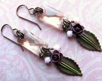 Pink Rosebud Earrings, Vintaj Earrings, Swarovski Earrings, Rose Earrings, Flower Earrings, Pink Earrings, Dangle Earrings, Spring Earrings