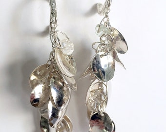 Silver dangle disc earrings, Disc hoop earrings, Long disc silver earrings, Drop disc earrings, Dangling disc earrings, Chandelier earrings