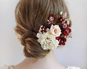 burgundy hair accessories, burgundy wedding hair clip, ivory hair flower, burgundy and blush, floral hair clip, bridal hair flower, pink