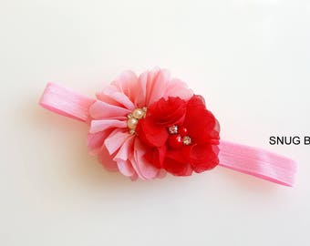 Valentine headband, baby girl headband, pink/red chiffon headband, fold over elastic headband, hair accessories, pink headband, hair clip