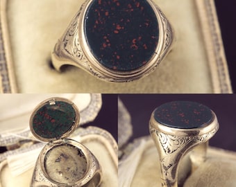 Antique English Victorian Gold Cased Bloodstone Hidden Locket Signet Ring c1870