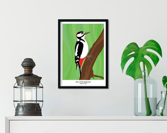 Woodpecker poster woodpecker gift digital art bird poster giclee print gift for bird lovers bird gift green poster
