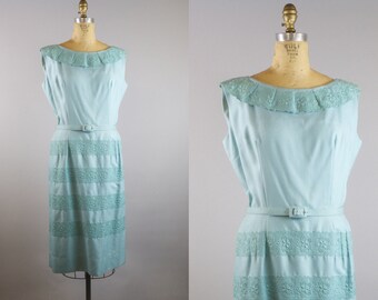 Seaside Rendezvous Linen Dress / 1950s Dress / 50s Blue Linen Dress / Large