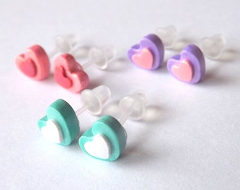 Heart Stud Earrings - Hypoallergenic Plastic Posts for Sensitive Ears - Small Pastel Heart Studs - 8mm Hearts - Your Color Choice