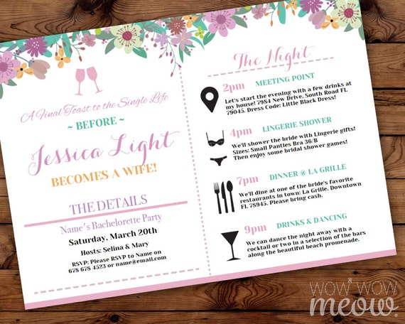 Bachelorette Itinerary Invite Party Invitation Bridal Shower Bachelorette Itinerary Invite Party Invitation Bridal Shower