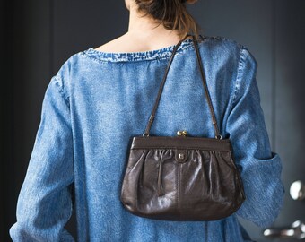 Handmade Purse Bag Finest Leather. Dark Brown Bag Ball Clasp. Classic Shoulder Bag Genuine Leather. Party Bag Retro Clutch. 80s Shoulder Bag