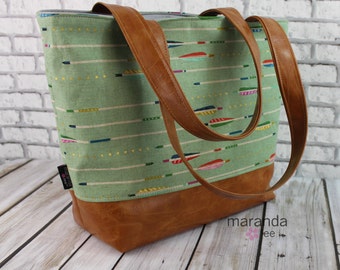 Lulu Large Tote Diaper Bag -Sage Arrows and PU Leather with Grey Lining - READY to SHIP