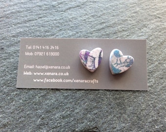 Mother's Day Gift- Heart Shaped Stud Earrings- Batik Look- Polymer clay earrings