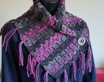 Hand Crocheted Fringed Button Cowl / Scarf Black Purple
