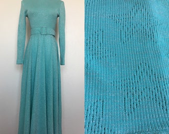 vintage 70's AQUAMARINE STARS DRESS - small, lurex, disco