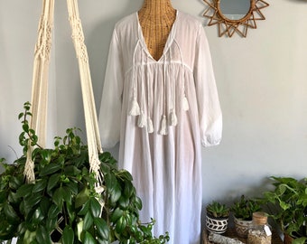 Indian White Gauze Cotton Bohemian Hippie Gypsy Festival Tunic Maxi Dress M