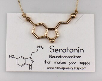 24K Gold Serotonin Molecule Necklace, Chemistry Necklace, Hormone Serotonin, Biochemistry Molecule Happiness Signal Pendant Biology