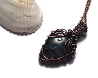 Wire Wrapped Copper Labradorite Necklace Pendant/ Blue Labradorite Jewelry/ Copper Jewelry/ Wire Wrap Jewelry/ Blue Labradorite Necklace