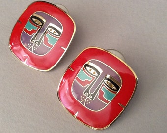 Laurel Burch Gold Tone Red Blue Purple Enamel "Mayan Lion" Pierced Earrings