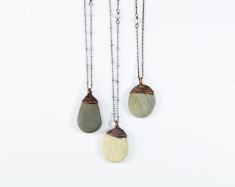 Beach pebble necklace | Raw stone necklace | Beach stone necklace | Pebble pendant on copper chain | Marthas Vineyard beach pebble necklace
