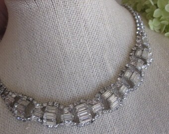 Vintage Square Cut Rhinestone Bridal Necklace in Silver Setting, Wedding, Engagement, Bridesmaid and Mother of Bride Necklace, Gift For Her