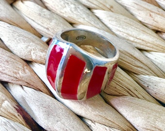 Wide Sterling Silver with Coral Red Ceramic Ring