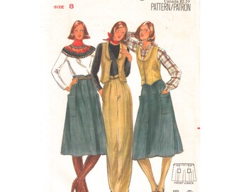 70s Vintage Pattern Vest Skirt & Pants Butterick 5596 Lined Fitted Waistcoat Buttoned Skirt Trousers Womens Sewing Pattern Size 8 UNCUT