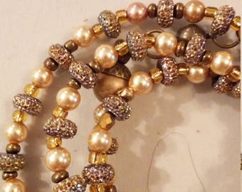 Gold pearl necklace with pave rondelles and antiqued gold spacers