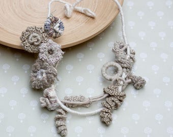 Beige flower necklace, crochet statement jewelry with bamboo beads, OOAK