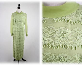 1960s Lace and Beads Celery Green Long Evening Dress Bridal by Jack Bryan Made in Hong Kong