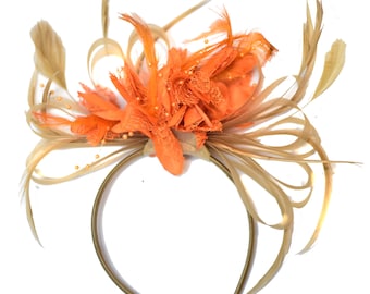 Champagne Gold Beige Camel and Orange Fascinator on Headband Alice Band UK Wedding Ascot Races Derby