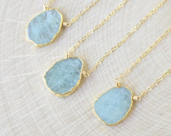 Aquamarine Necklace, March Birthstone, Gold Filled, Aquamarine Slice with Gold Electroplate, Rough Aquamarine, Rustic Boho Gypsy Aqua Blue