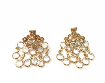 Vintage Gold Plated Crystal Bezel Glass Clip Earrings
