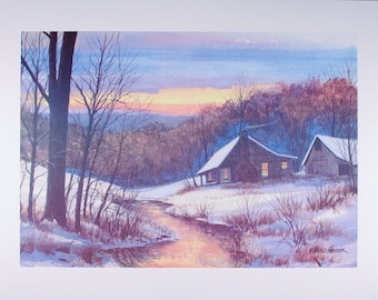 LOG CABIN PRINT, Snow Landscape, Winter Art, Rustic Decor, Wall Decor, Wall Art, Home Decor, Art Print, Poster, Landscape, Log Cabin, Creek