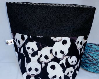 Drawstring Project Bag, Cute Panda Bears Medium Size Sock to Shawl Wedge Tote Bag