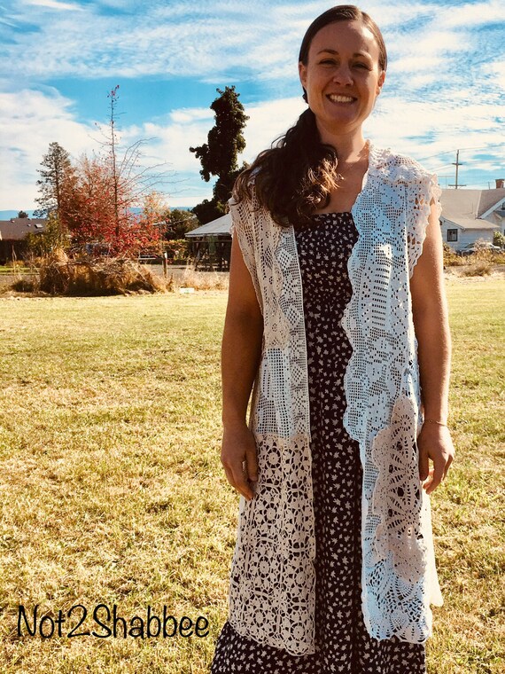 Ladies Vintage Long Lace Vest Reconstructed Lace Vest