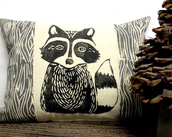 Raccoon and Wood Print Pillow - Woodland Raccoon and Wood Grain Print Pillow