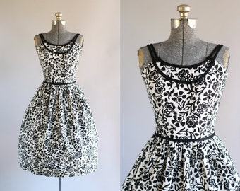 Vintage 1950s Dress / 50s Cotton Dress / Deadstock Don About Black and White Floral Cotton Pique Dress S
