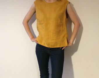 100% Linen Shirt, Sleeveless Shirt, Sleeveless Blouse, Sleeveless Top,Mustard Loose Top, Linen Shirt Women, Linen Blouse, Linen Summer Shirt