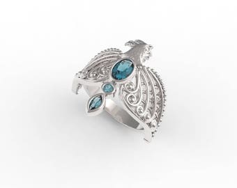 Rowena Raven Diadem Ring , Silver with Blue Topaz -  Geeky Ring, Wizard House Ring, Book Lovers, Bird Ring, Geeky Engagement Ring