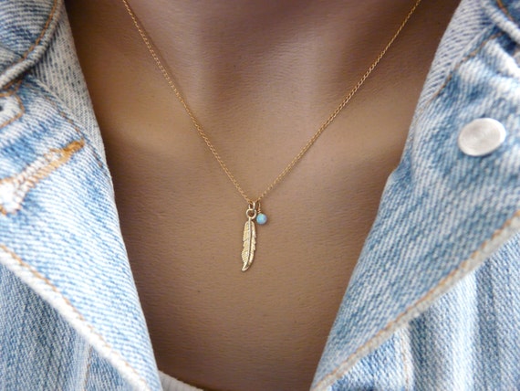 Feather necklace Gold feather Feather pendant Opal