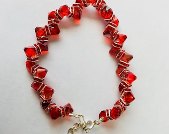 Red cubic zirconia faceted bead bracelet