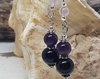Black Obsidian, Amethyst and Rose Quartz Earrings