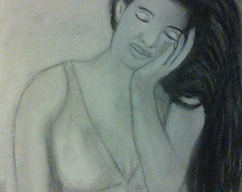 Charcoal drawing woman delicate pose