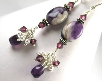 Purple Amethyst Semiprecious Gemstone and Swarovski Earrings on All Sterling Silver