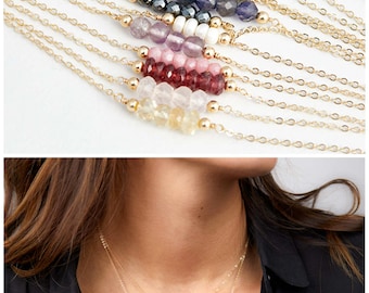 Simple Birthstone Necklace, Gemstone Bar Necklace, Beaded Gemstone Necklace, Simple Layering Necklace, Labradorite Necklace
