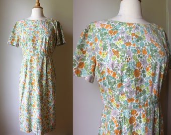 1950s 60s Floral Stunning Day Dress Mad Men Era M L