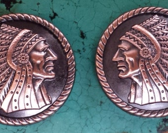 Pair of Screwback Antique Copper Indian Head Conchos