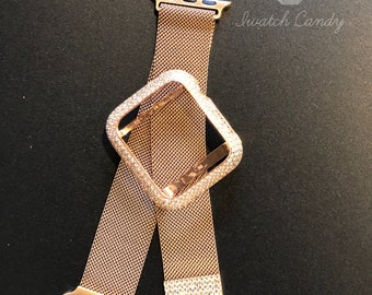 Apple Watch band 38mm Women's Milanese Loop Rose Gold Series 1,2,3 Sterling Silver Lab Diamond Bezel Rhinestone Case Cover Series 1,2,3