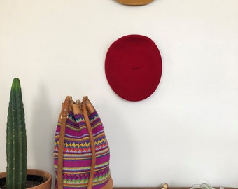 Vintage Woven Bucket Bag // 80s Colorful Woven Bucket Bag // Leather and Woven Bucket Bag