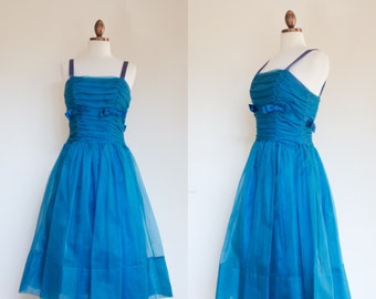 vintage 1950s Lord & Taylor azure party dress / 50s blue organza semi formal dress with bows / M